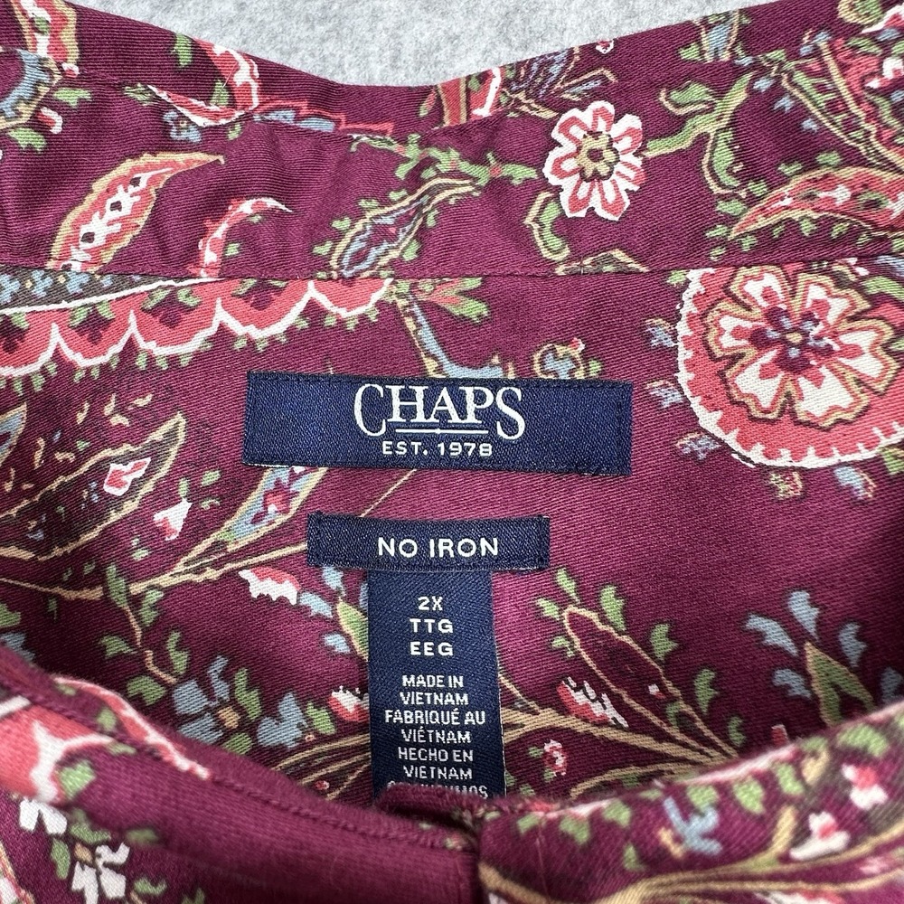 Chaps No Iron Shirt Plus 2X Burgundy Paisley Print Button Down Long Sleeve - Picture 2 of 12